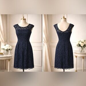 ✨ STUNNING!! WHBM Navy Lace Cocktail Dress | Elegant Floral Lace Overlay
